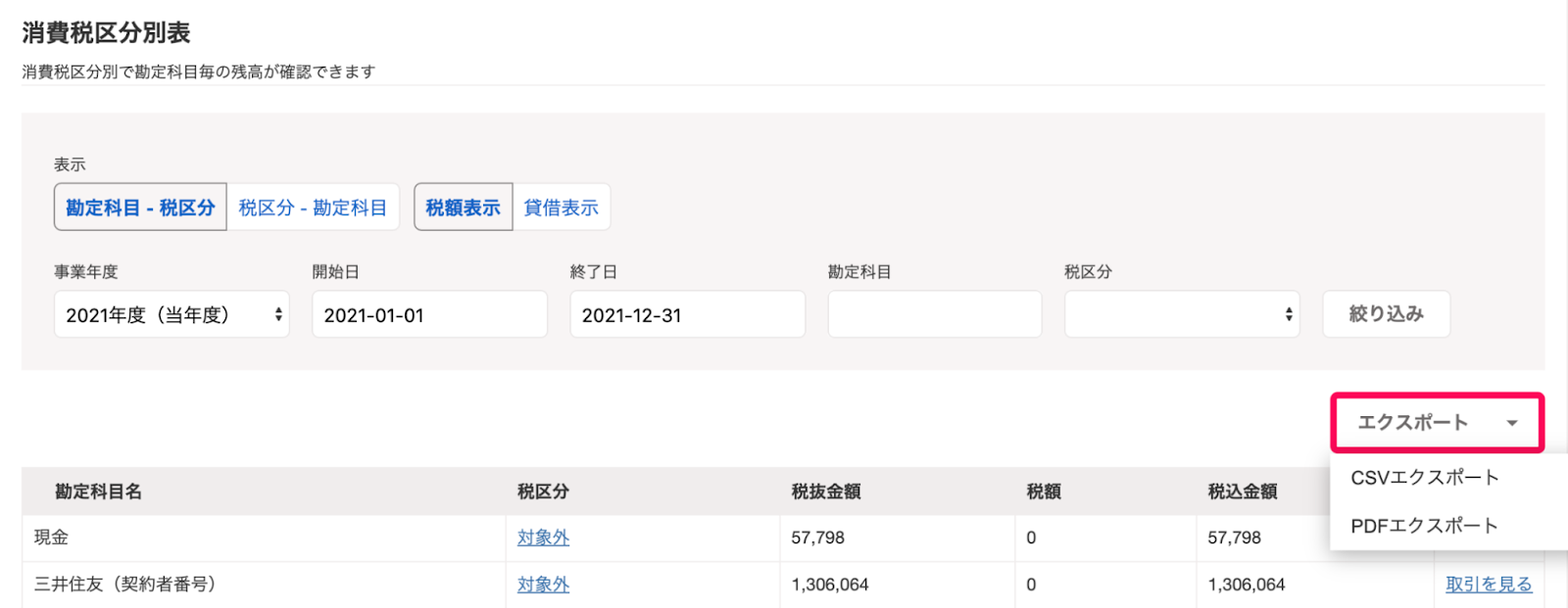 「消費税区分別表」画面右側の［エクスポート］ボタンの内容を表示しているスクリーンショット