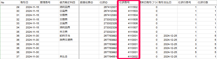 仕訳番号列を赤枠で囲っている画面のスクリーンショット