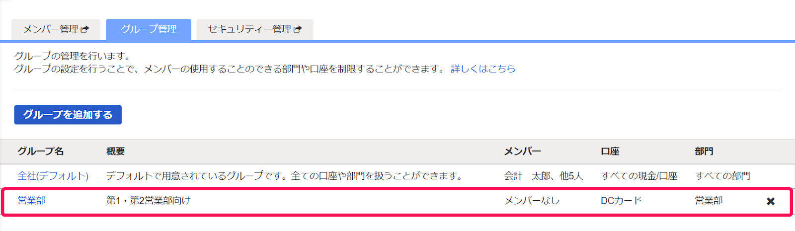 新たに追加したグループを赤枠で囲っている画面のスクリーンショット