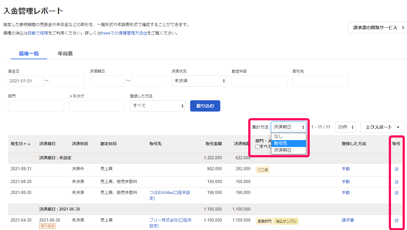 集計方法の選択肢と取引列を赤枠で囲っている画面のスクリーンショット