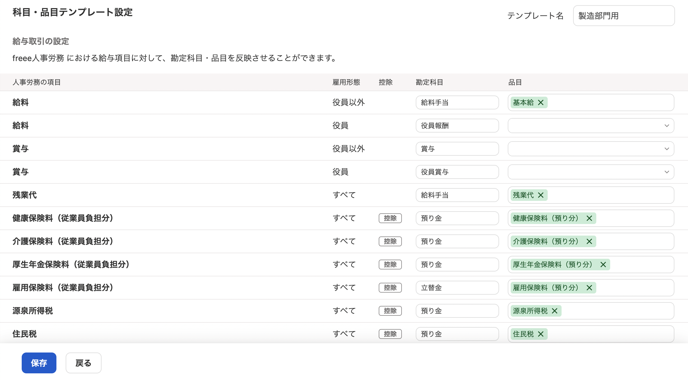 2科目・品目テンプレート設定画面のスクリーンショット