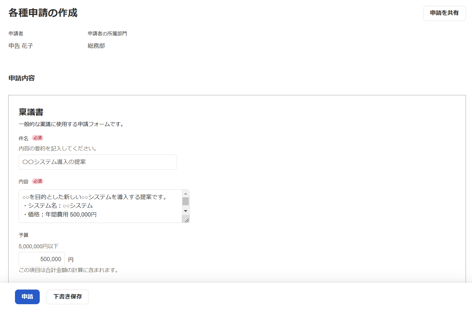 各種申請の作成画面のスクリーンショット