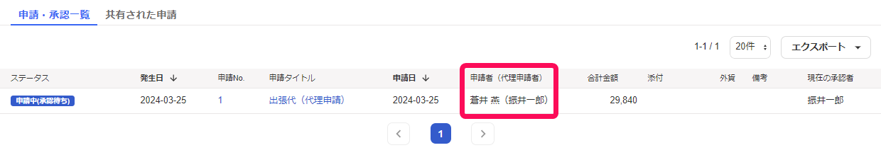 申請者を指し示しているスクリーンショット