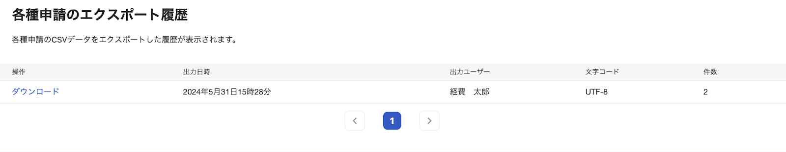 各種申請のエクスポート履歴画面のスクリーンショット