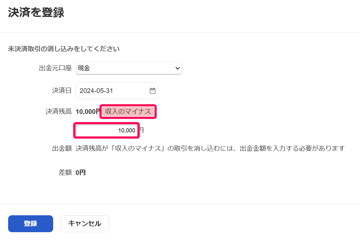 収入マイナスを指し示すスクリーンショット