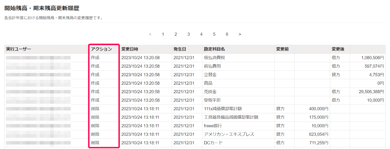 開始残高・期末残高更新履歴画面でアクション項目を指し示しているスクリーンショット