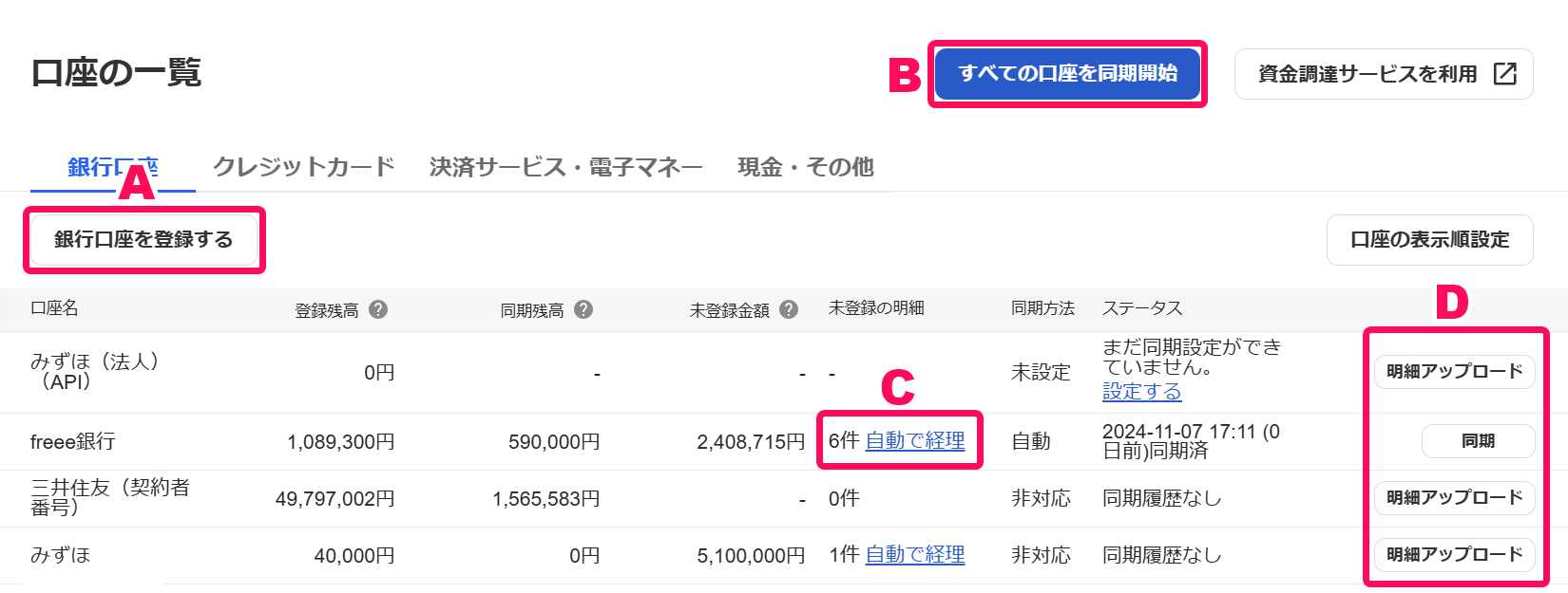口座の一覧画面の各ボタンを指し示すスクリーンショット