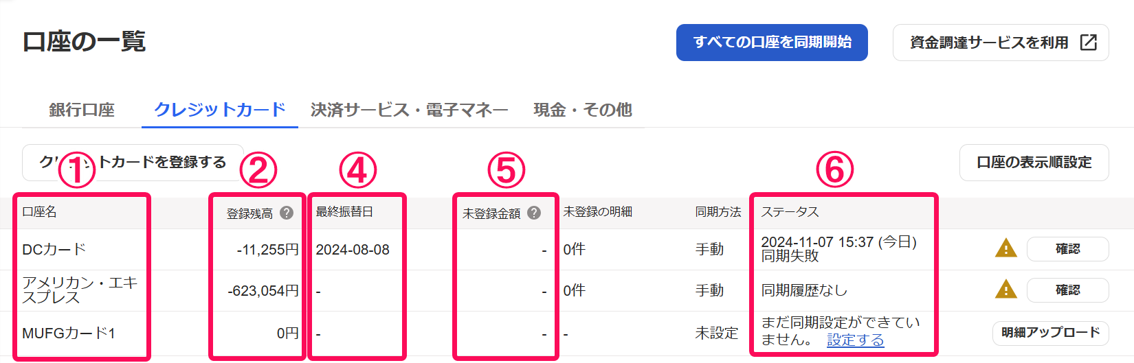 クレジットカードタブ各項目を指し示すスクリーンショット