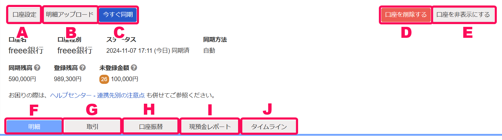 口座の詳細画面の各ボタンを指し示すスクリーンショット
