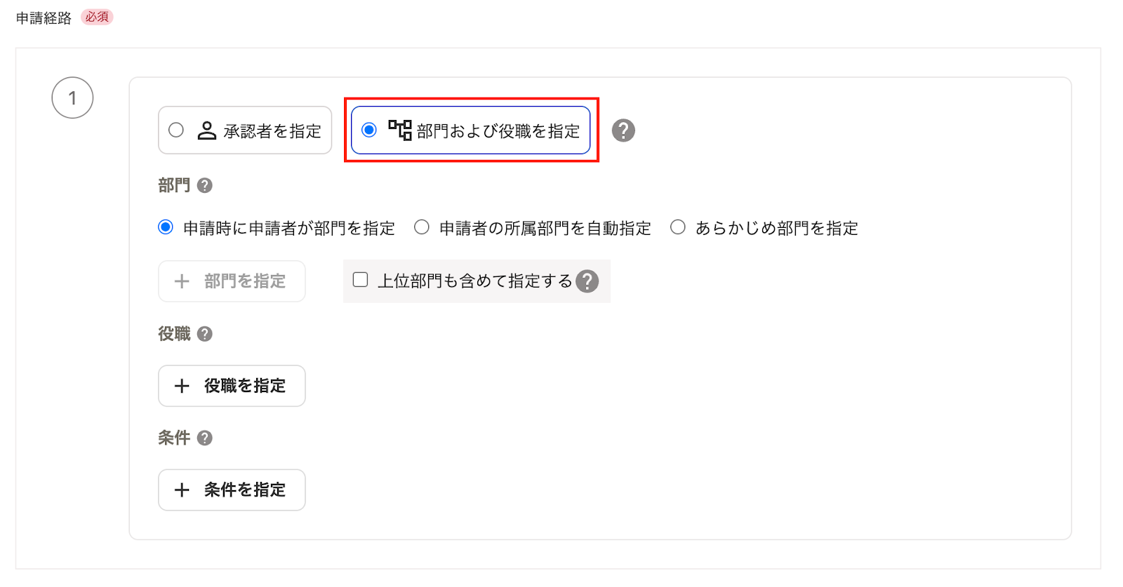 部門および役職を指定ボタンを指し示しているスクリーンショット