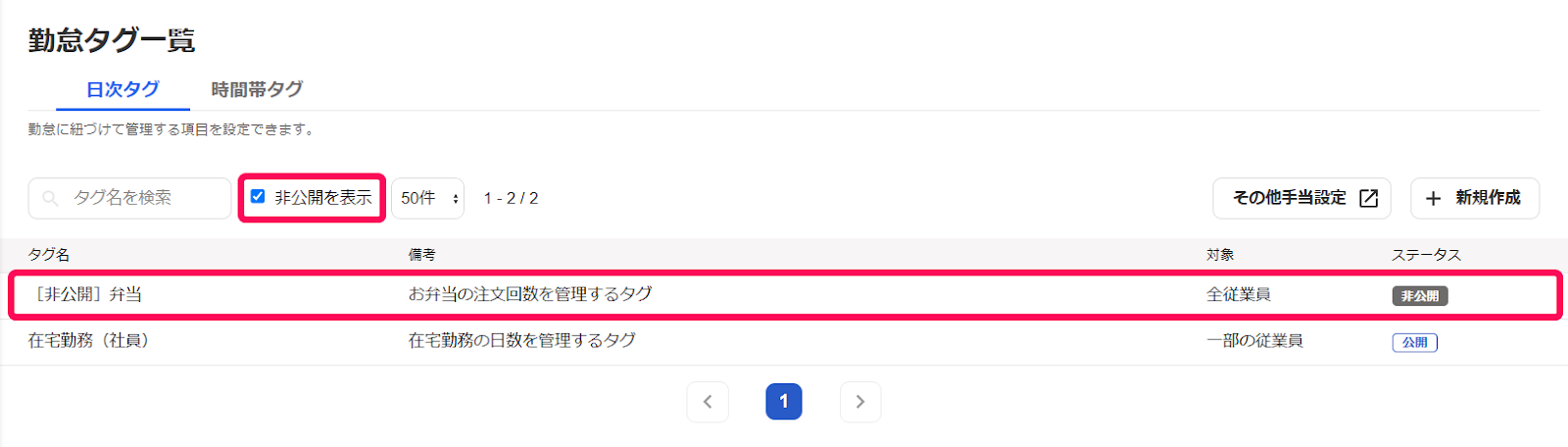勤怠タグ一覧画面の「非公開を表示」項目を指し示しているスクリーンショット