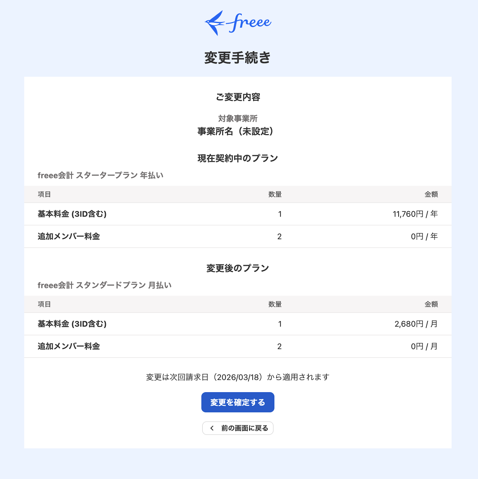 変更手続き画面のスクリーンショット