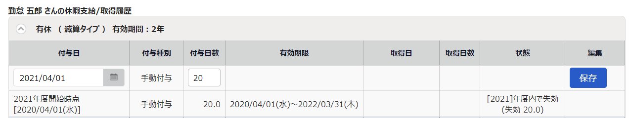 有休 （ 減算タイプ ）を2021年4月1日に20日付与した場合のイメージ図