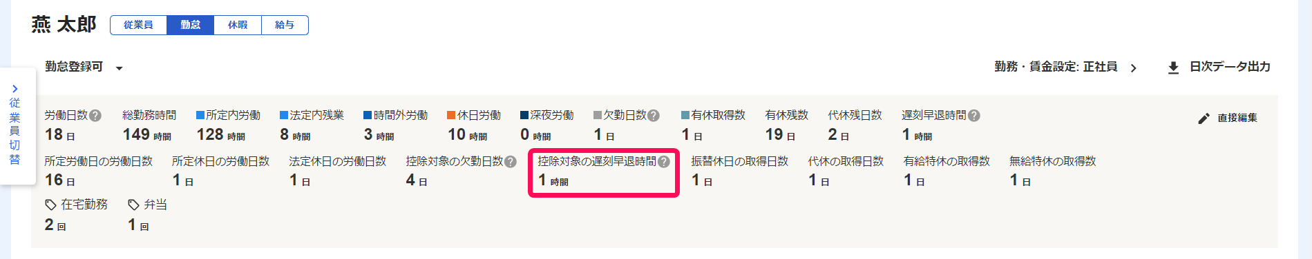 勤怠サマリの「控除対象の遅刻早退時間」項目を指し示すスクリーンショット