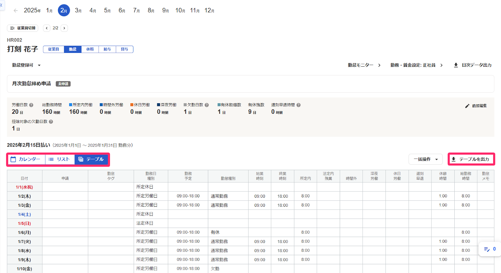 勤怠のテーブル表示画面で勤怠表示の切り替えボタンを指し示しているスクリーンショット