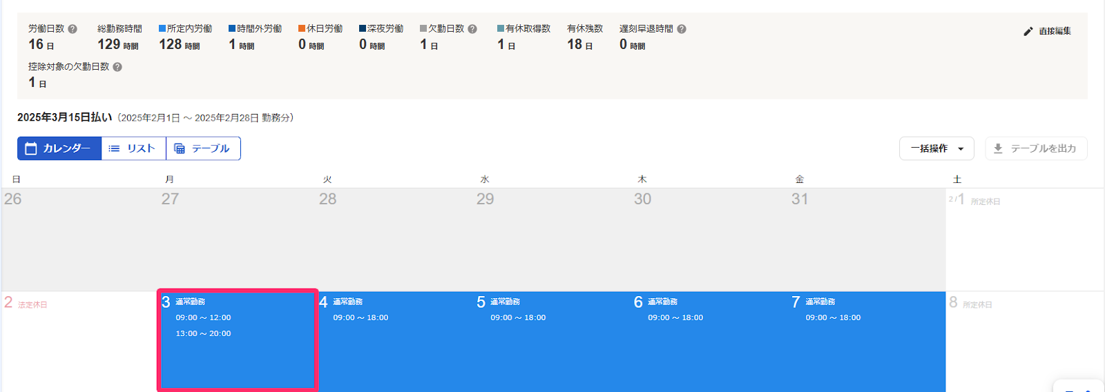 勤怠編集画面のカレンダー表示の場合の出退勤記録を指し示しているスクリーンショット
