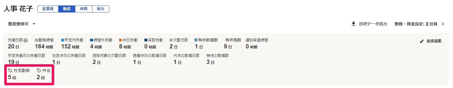 勤怠サマリ画面の「タグ名」と「合計回数」を指し示しているスクリーンショット