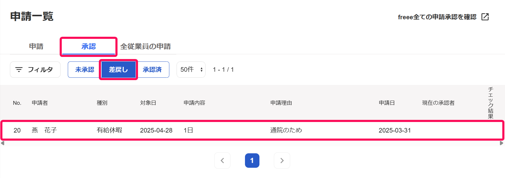 申請一覧画面の［承認］タブと［差戻し］と承認を取り消した申請を指し示しているスクリーンショット