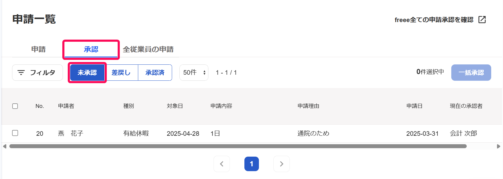 申請一覧画面の［承認］タブと［未承認］ボタンを指し示しているスクリーンショット