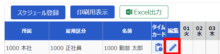 スケジュール管理画面の該当従業員の［編集］ボタンを指し示しているスクリーンショット