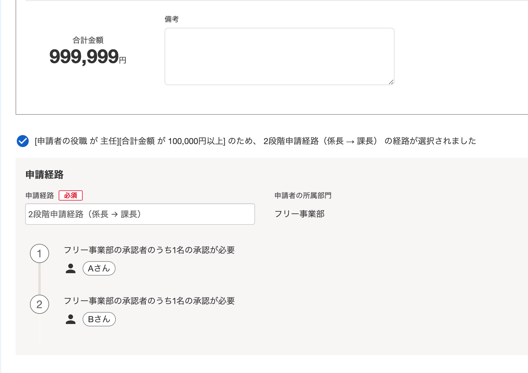 役職「主任」が合計金額「999,999円」の申請をする場合に、2段階申請経路が自動選択されているスクリーンショット