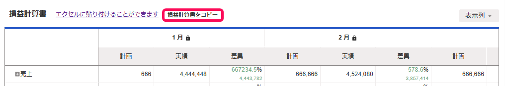 損益計算書をコピーボタンを指し示すスクリーンショット
