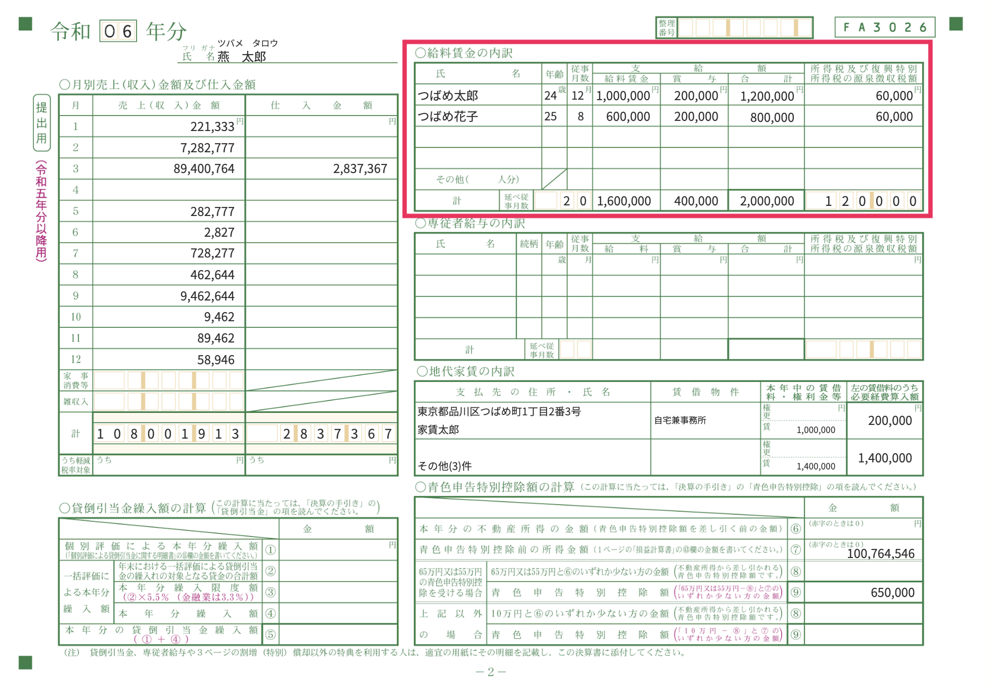 給料賃金の内訳欄を指し示しているスクリーンショット