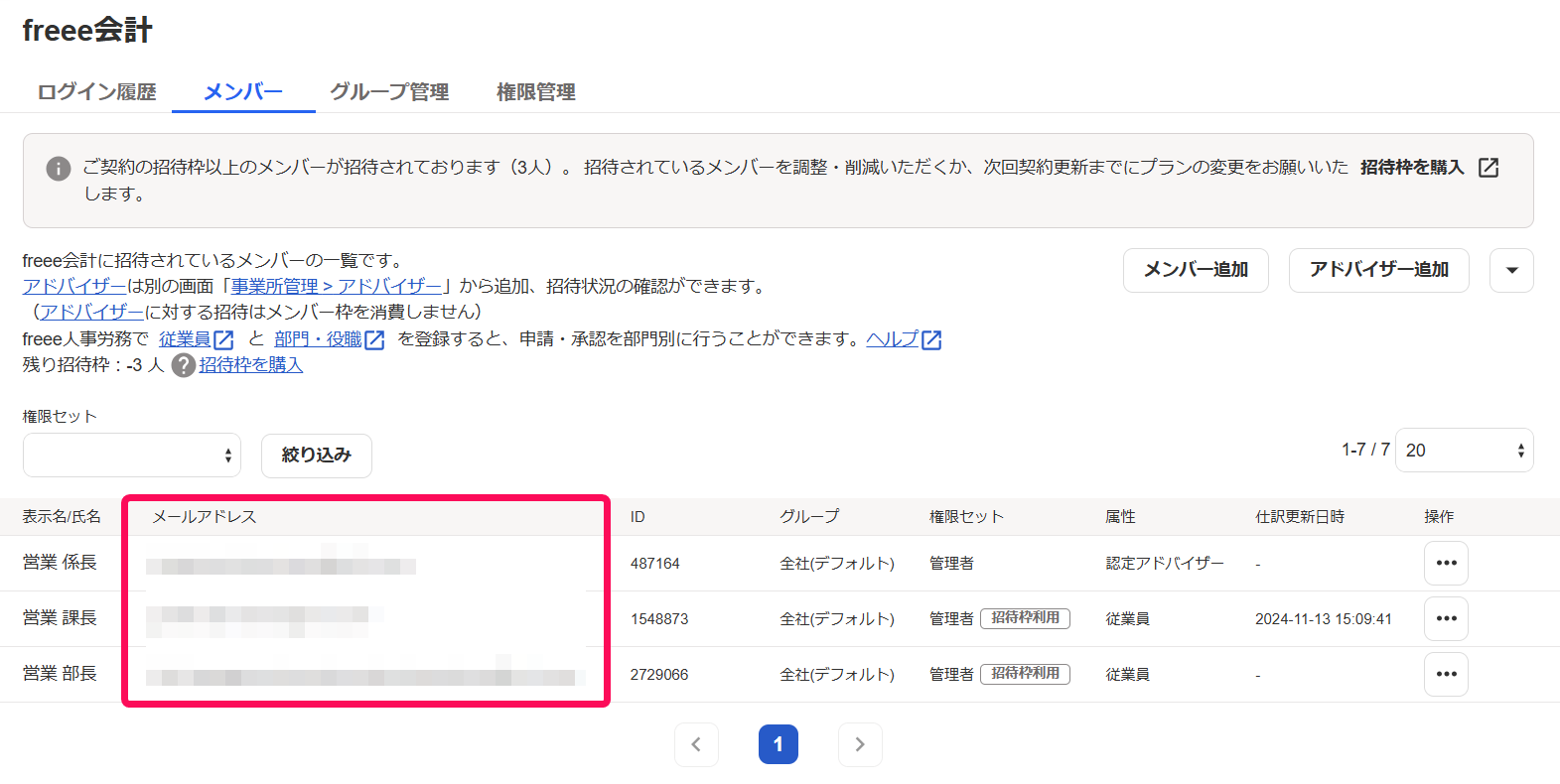 メンバー一覧画面のメールアドレス欄を指し示すスクリーンショット