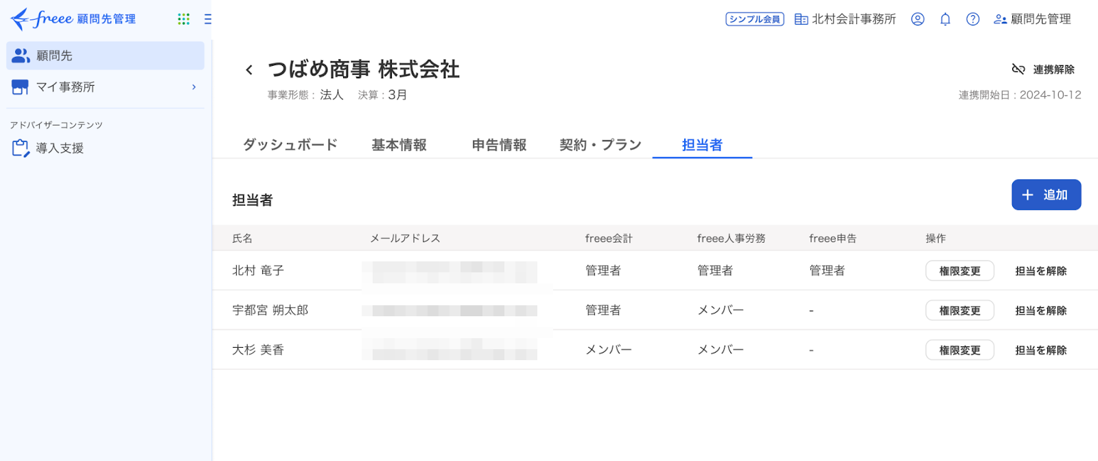 担当者タブ画面のスクリーンショット