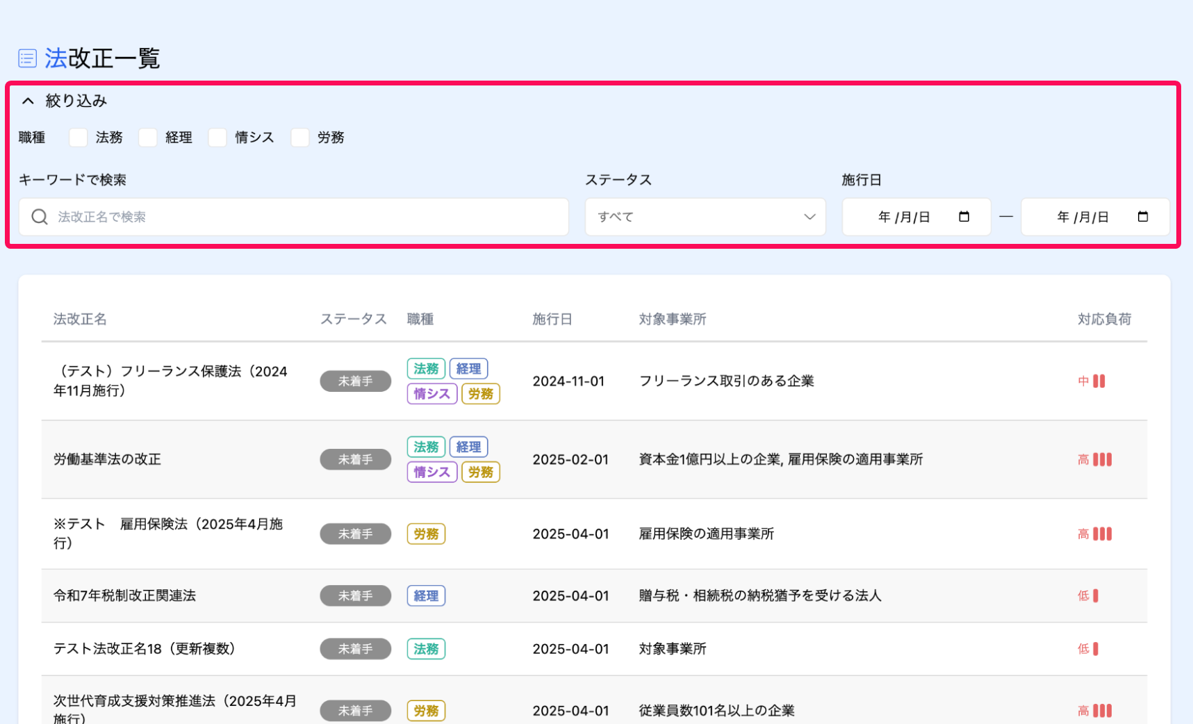 法改正一覧画面の絞り込み部分を指し示しているスクリーンショット