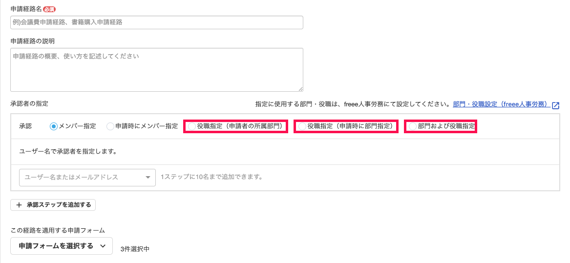 申請経路の登録画面にて、「承認」項目の選択肢3つ（「役職指定（申請者の所属部門）」、「役職指定（申請時に部門指定）」、「部門および役職指定」）を指し示しているスクリーンショット