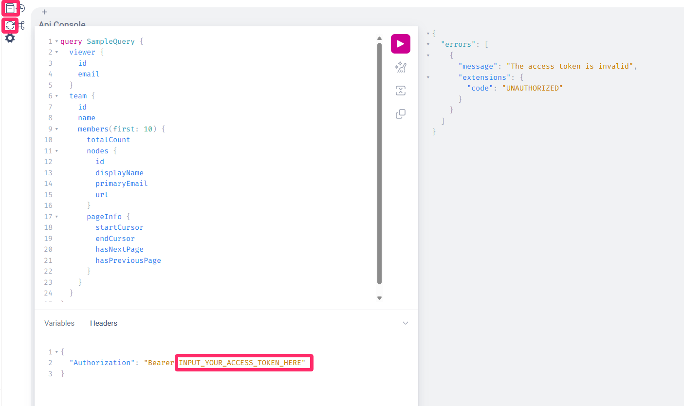 コンソール画面下方の「INPUT_YOUR_ACCESS_TOKEN_HERE」と更新ボタン、本マークを指し示しているスクリーンショット