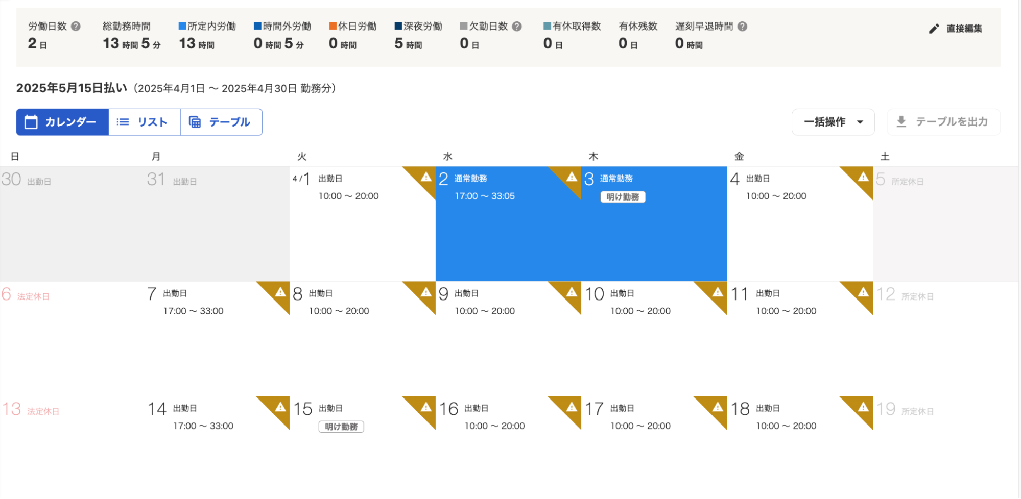 勤怠カレンダー画面で夜勤勤務が2労働日となっているスクリーンショット