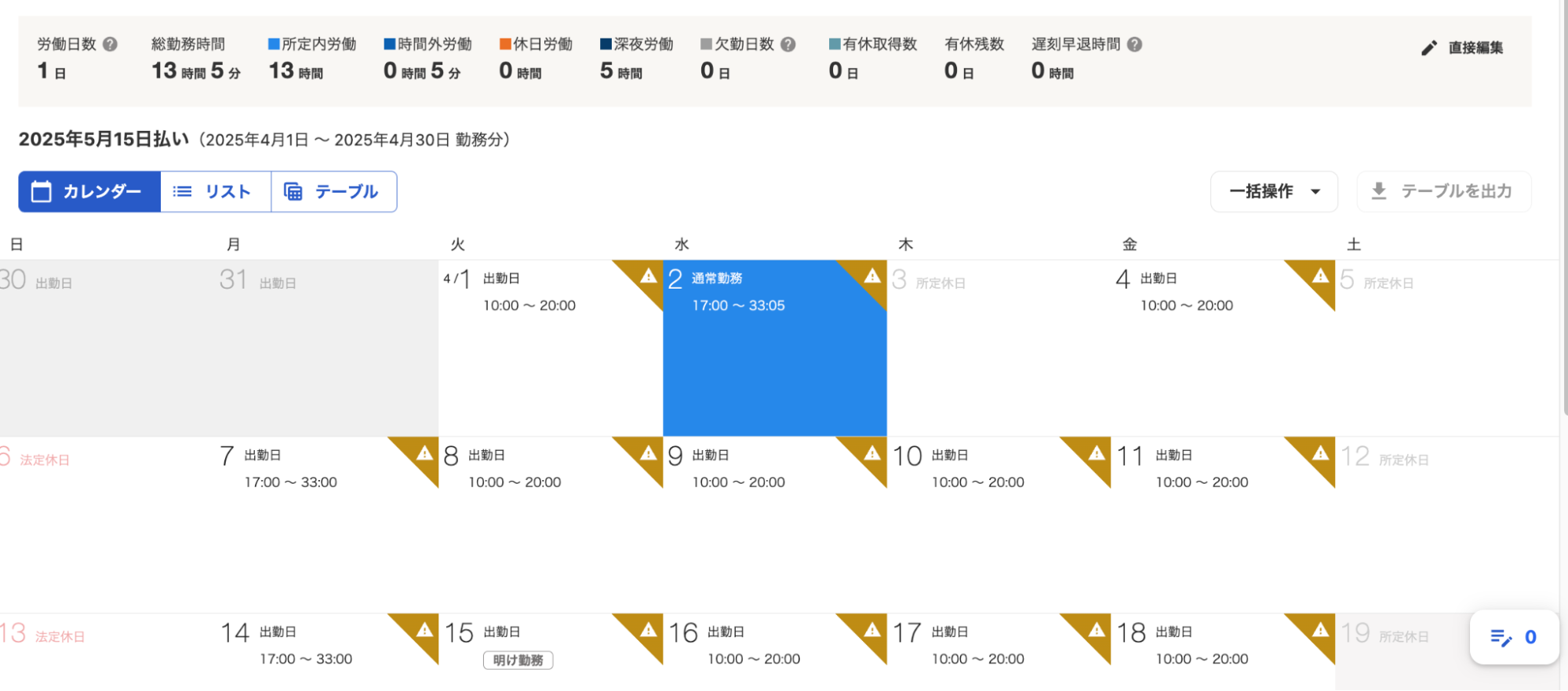 勤怠カレンダー画面で夜勤勤務が1労働日となっているスクリーンショット
