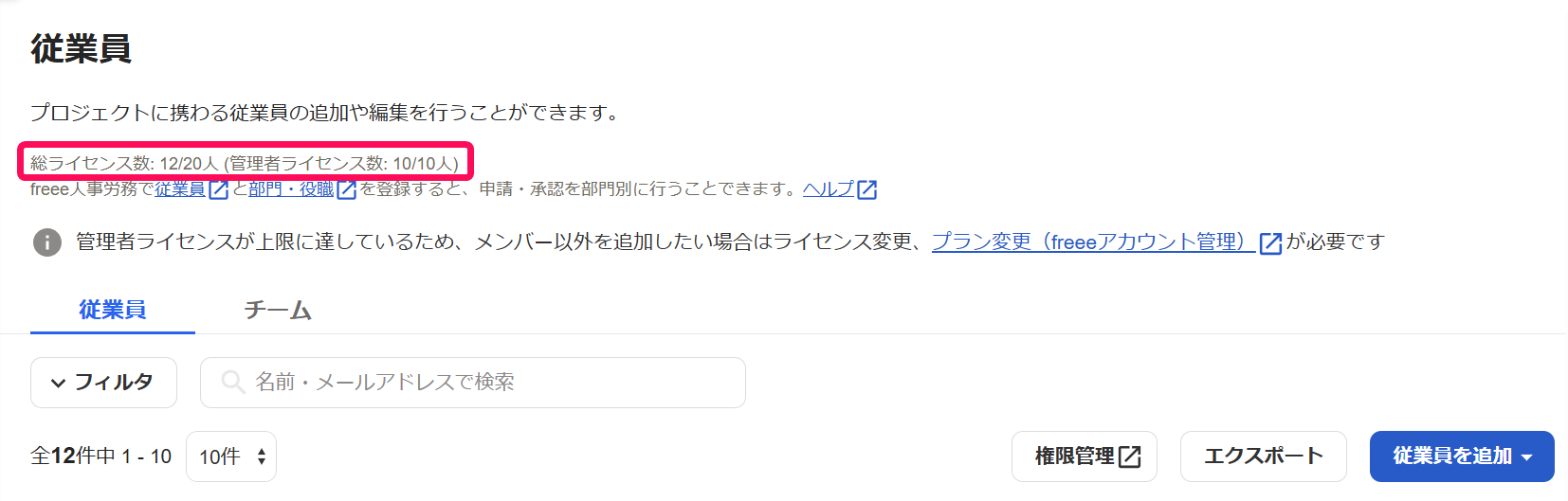 従業員画面の「総ライセンス数」を指し示しているスクリーンショット