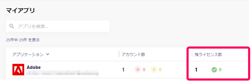 残ライセンス数を指し示すスクリーンショット