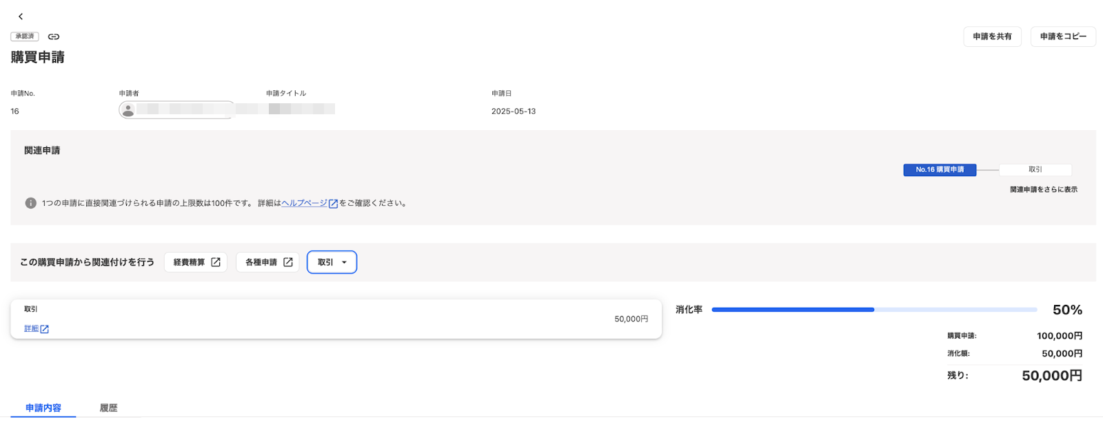 購買申請の詳細画面のスクリーンショット