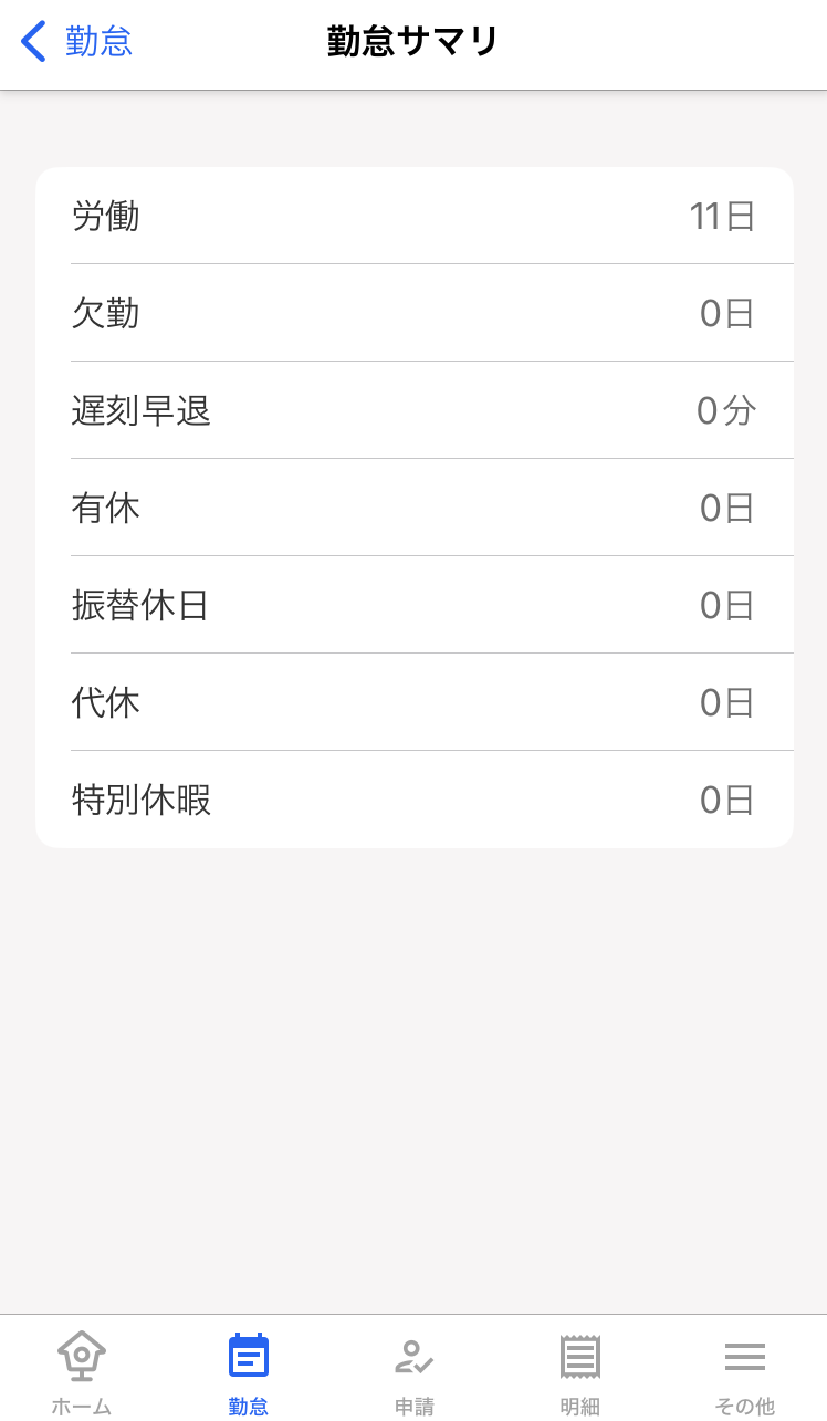 勤怠サマリ画面のスクリーンショット