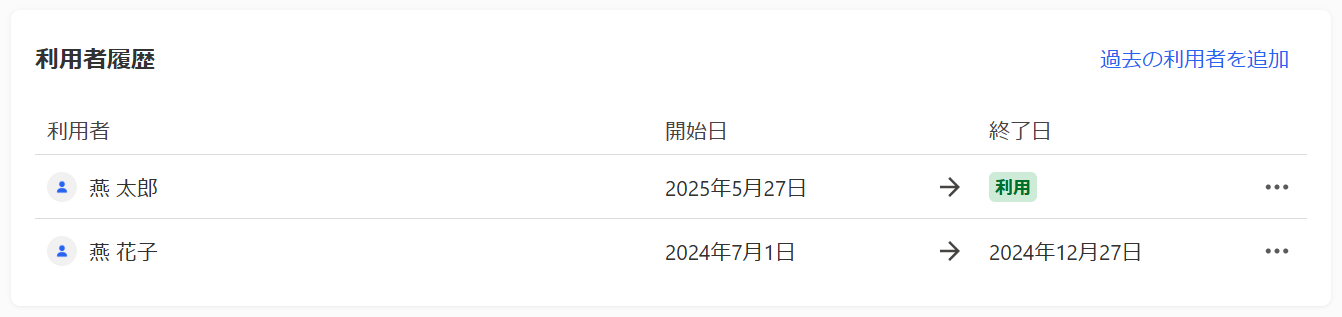 備品の詳細画面の利用者履歴部分のスクリーンショット