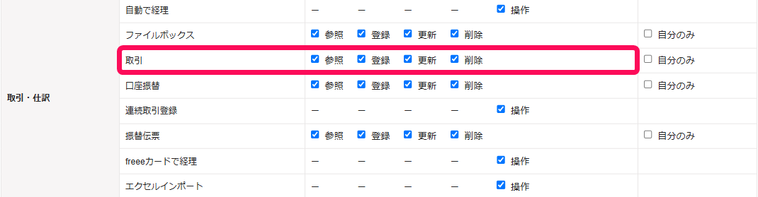 取引の権限欄を指し示すスクリーンショット