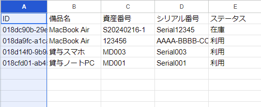 CSV編集画面のID列を選択しているスクリーンショット