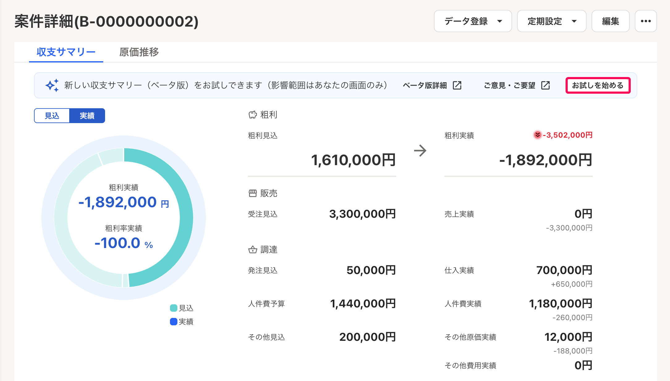 お試しを始めるボタンを指し示すスクリーンショット