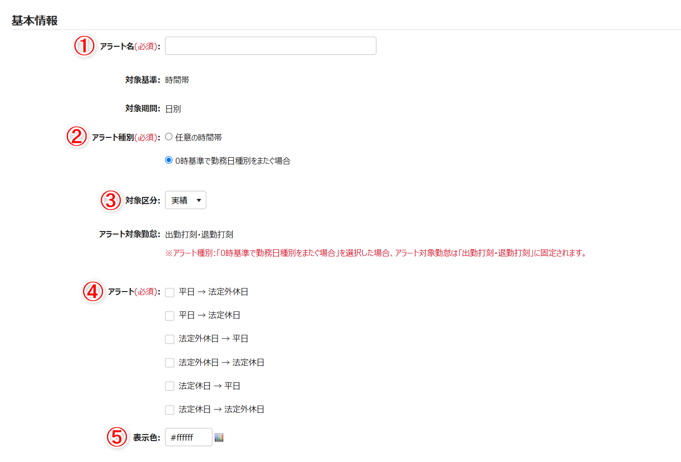 「アラート登録」画面の「基本情報」項目のスクリーンショット