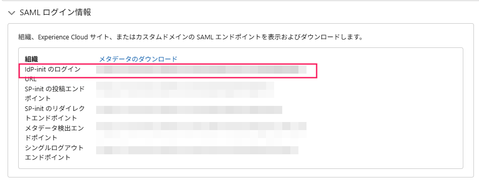 「接続アプリケーションの詳細」画面で［Idp-initのログインURL］を指し示すスクリーンショット