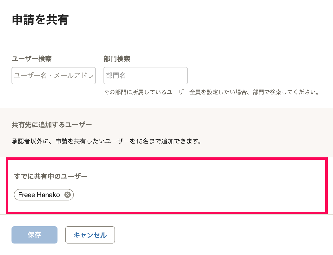 すでに共有中のユーザーを指し示すスクリーンショット
