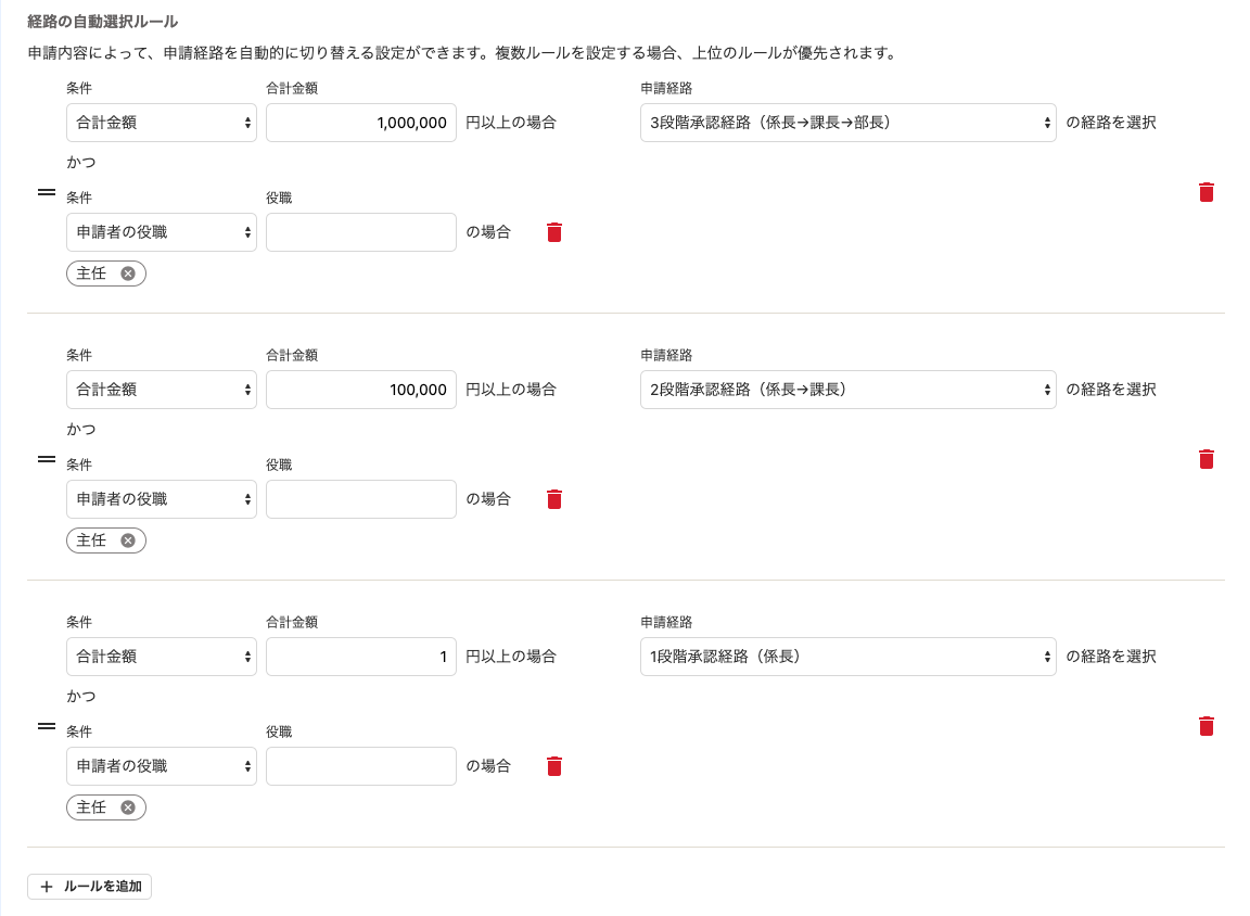 上表の内容に沿って、各ルールを入力した状態のスクリーンショット