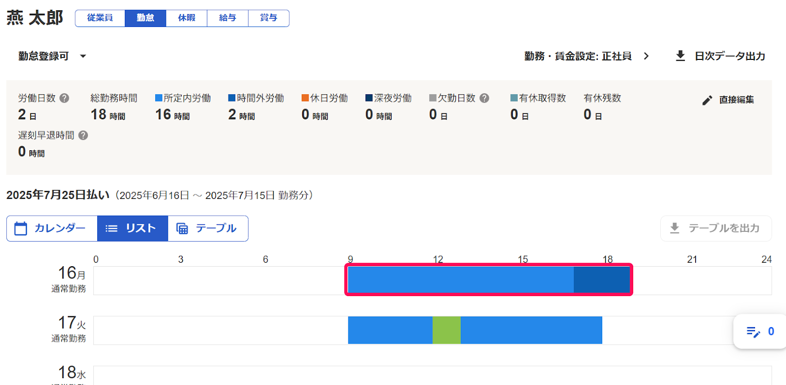 リスト表示画面の勤怠を指し示すスクリーンショット