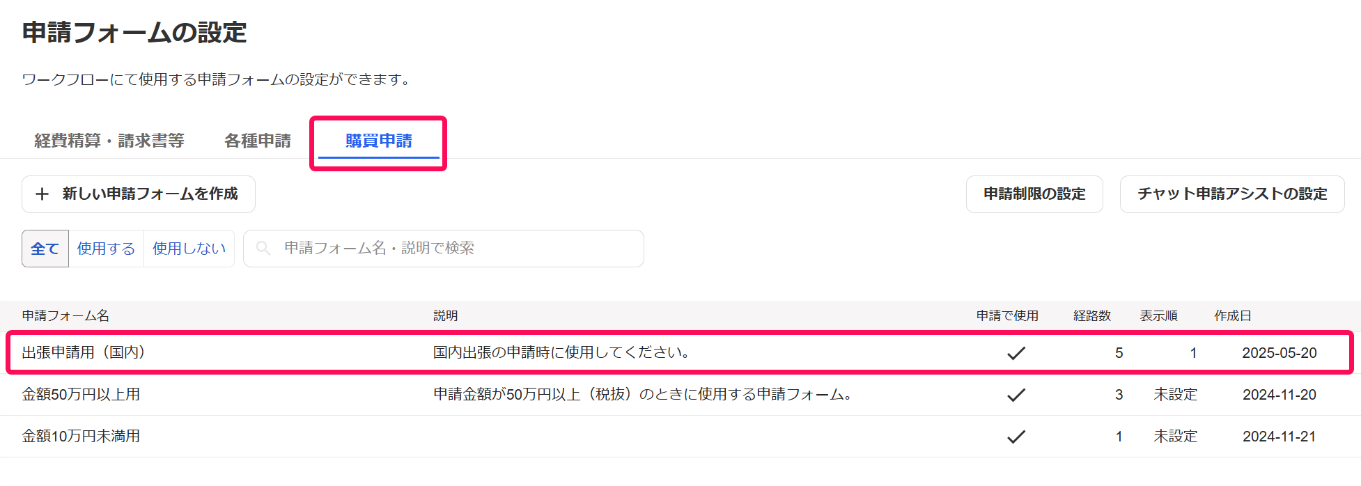 購買申請タブと申請フォーム行を指し示すスクリーンショット