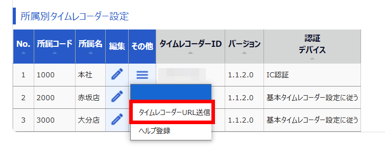 所属別タイムレコーダー設定部分の［タイムレコーダーURL送信］を指し示しているスクリーンショット