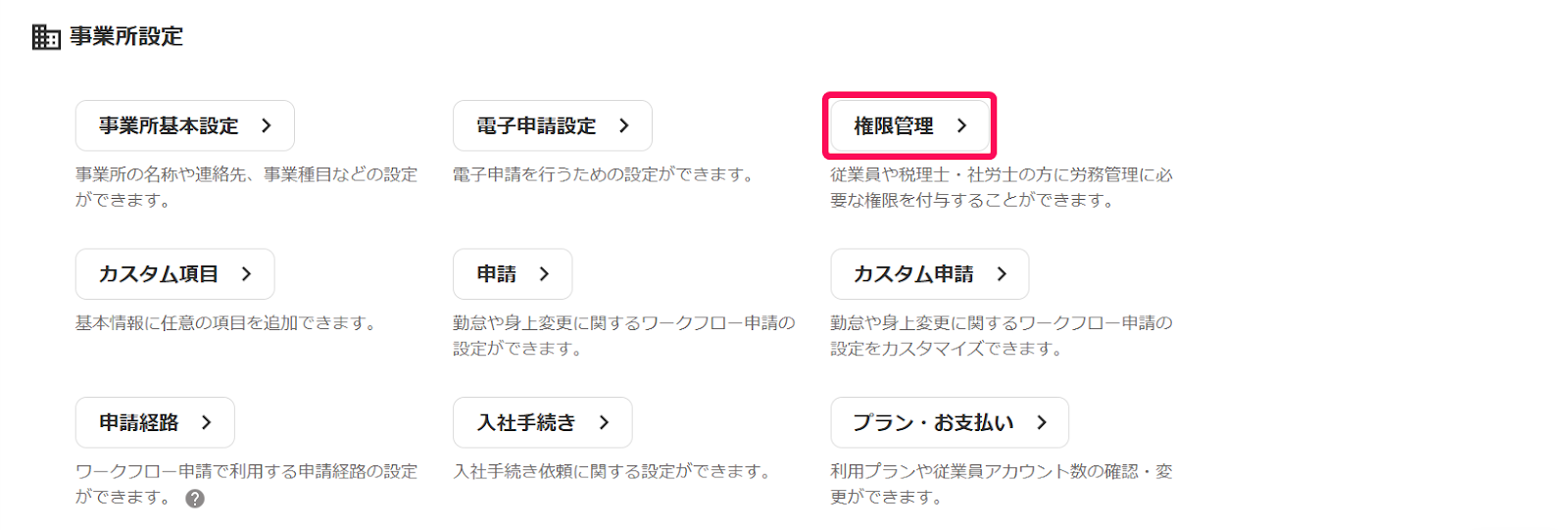 事業所設定の［権限管理］を指し示すスクリーンショット